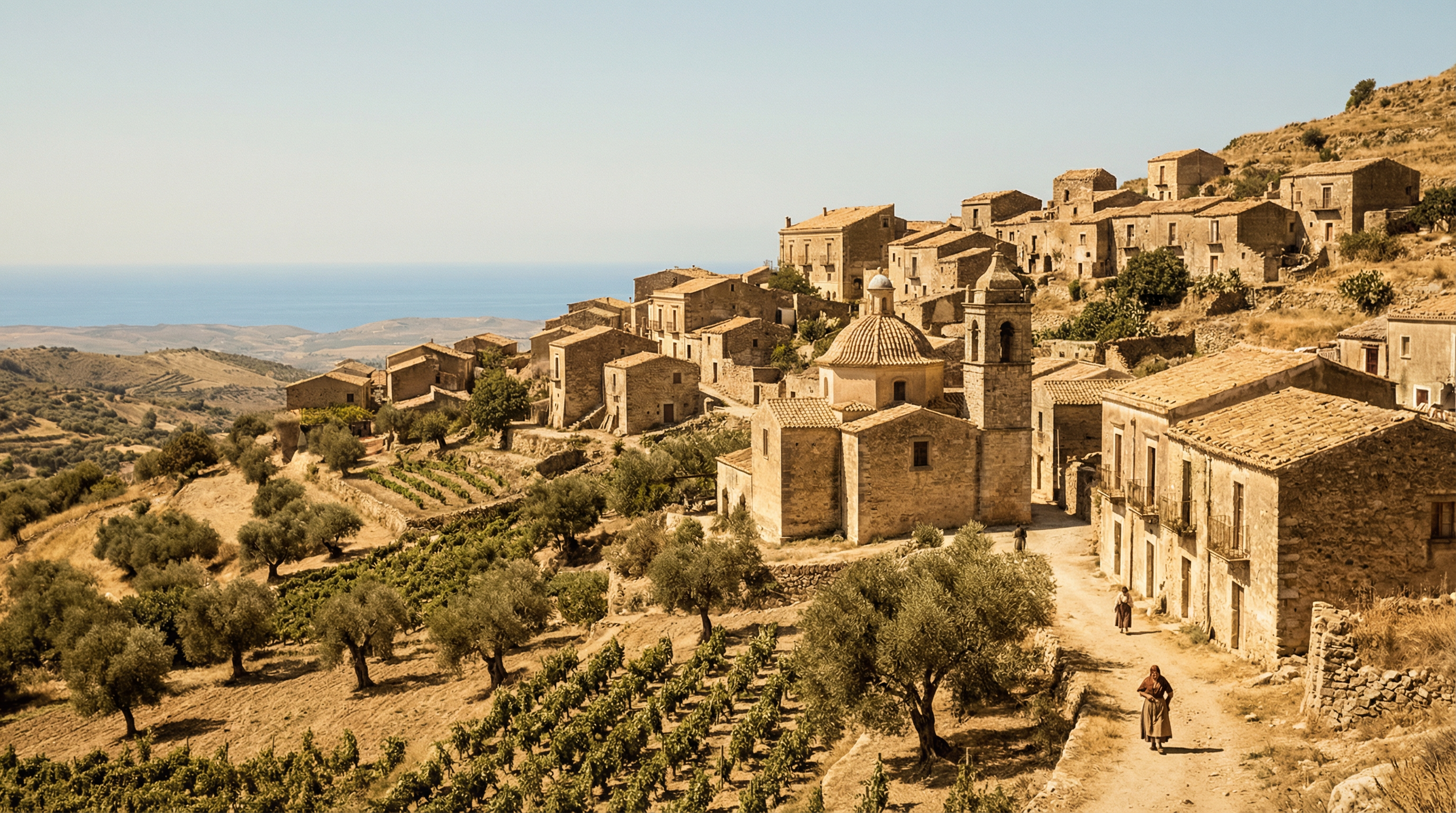 Traditional Sicilian hillside village, early 1900s